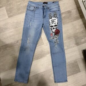 Ring of Fire Women's 32/30 Light Wash Gothic Skull Jeans Denim